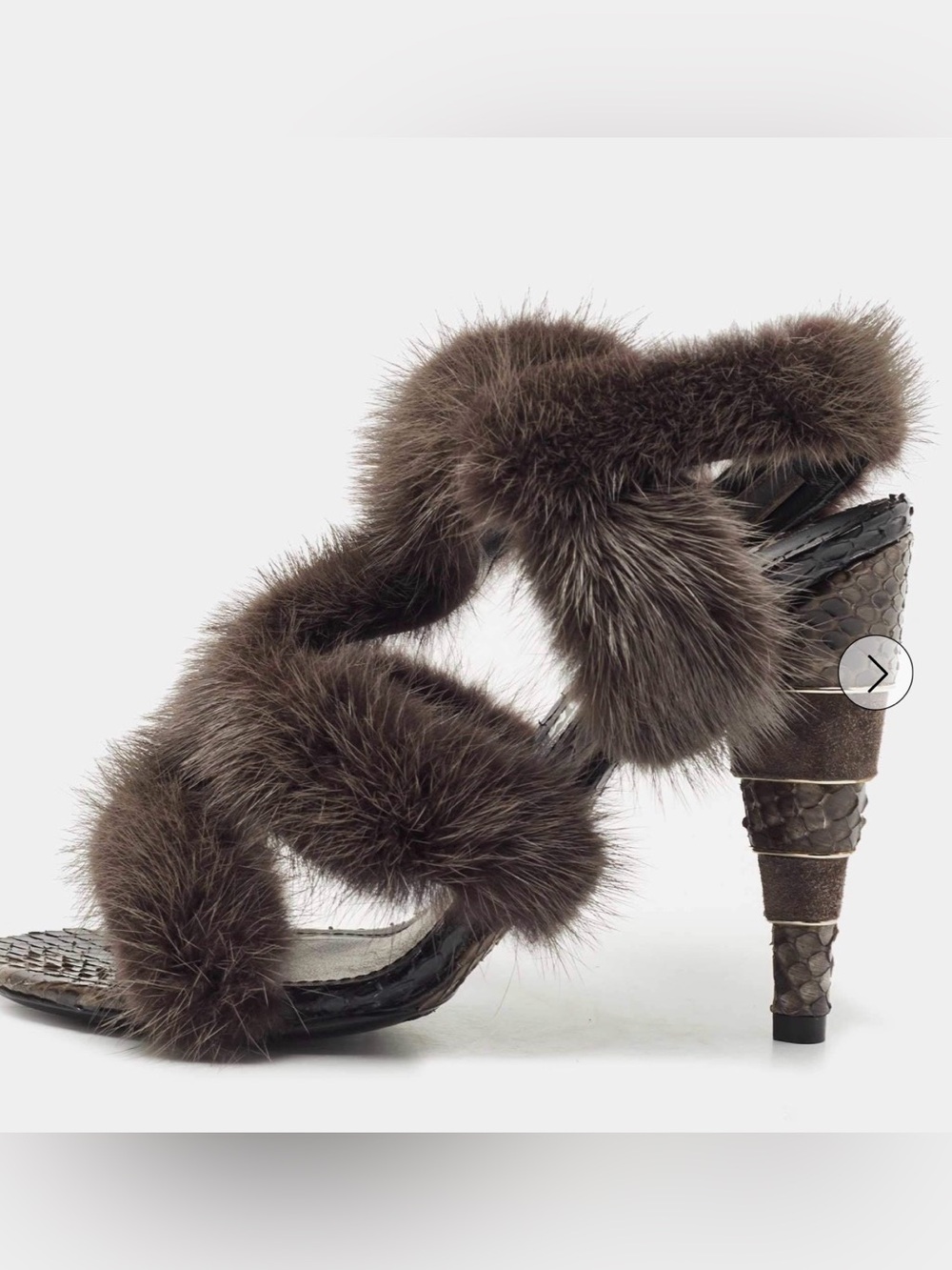 Salvatore Ferragamo Dark Grey Mink Fur and Python Leather Cage Sandals. - Picture 2 of 10